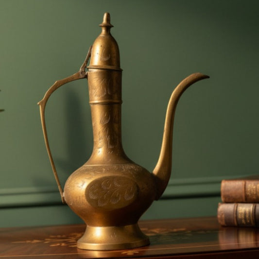 Antique Peetal Miniature Refreshment Set | Brass Engraved Ewer with Goblets and Vases | Made in 1961