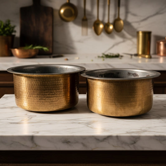 Antique Peetal Thick Gauge Deg Set | Brass Tin Lined Cooking Pot Pair | Made in 1970