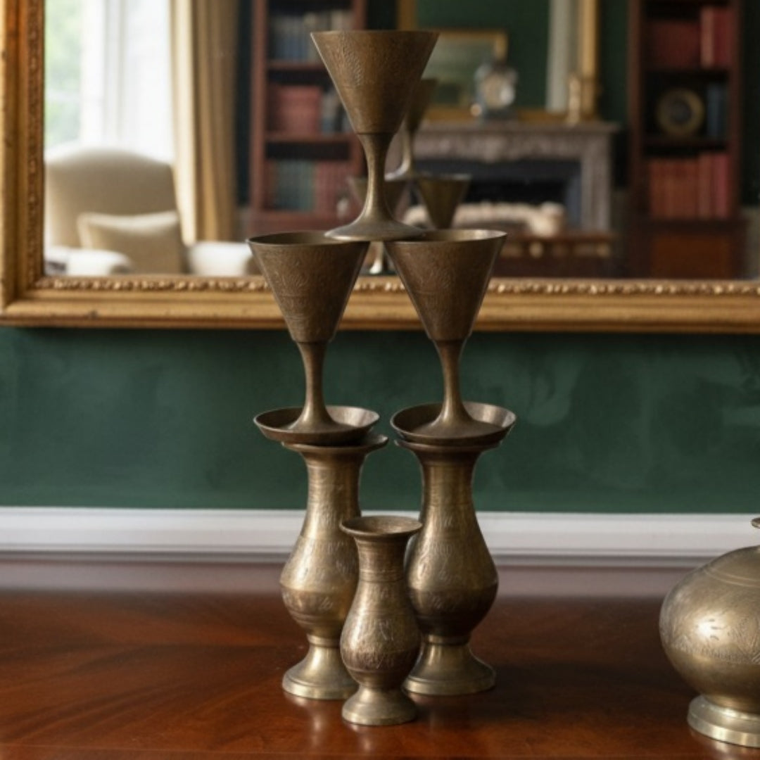 Antique Peetal Miniature Refreshment Set | Brass Engraved Ewer with Goblets and Vases | Made in 1961