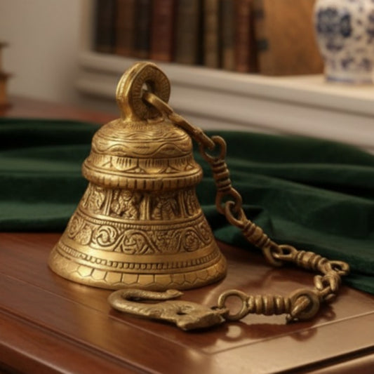 Antique Peetal Engraved Heavy Hanging Bell | Brass Elephant Crown Collectible Bell with Chain | Made in 1960