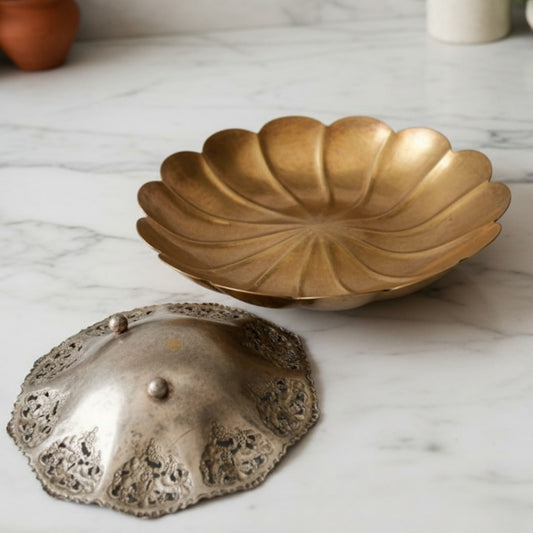 Antique Peetal and German Silver Pierced Decor Bowl Set | Brass and Silver Scallop Serving Bowl Pair | Made in 1977