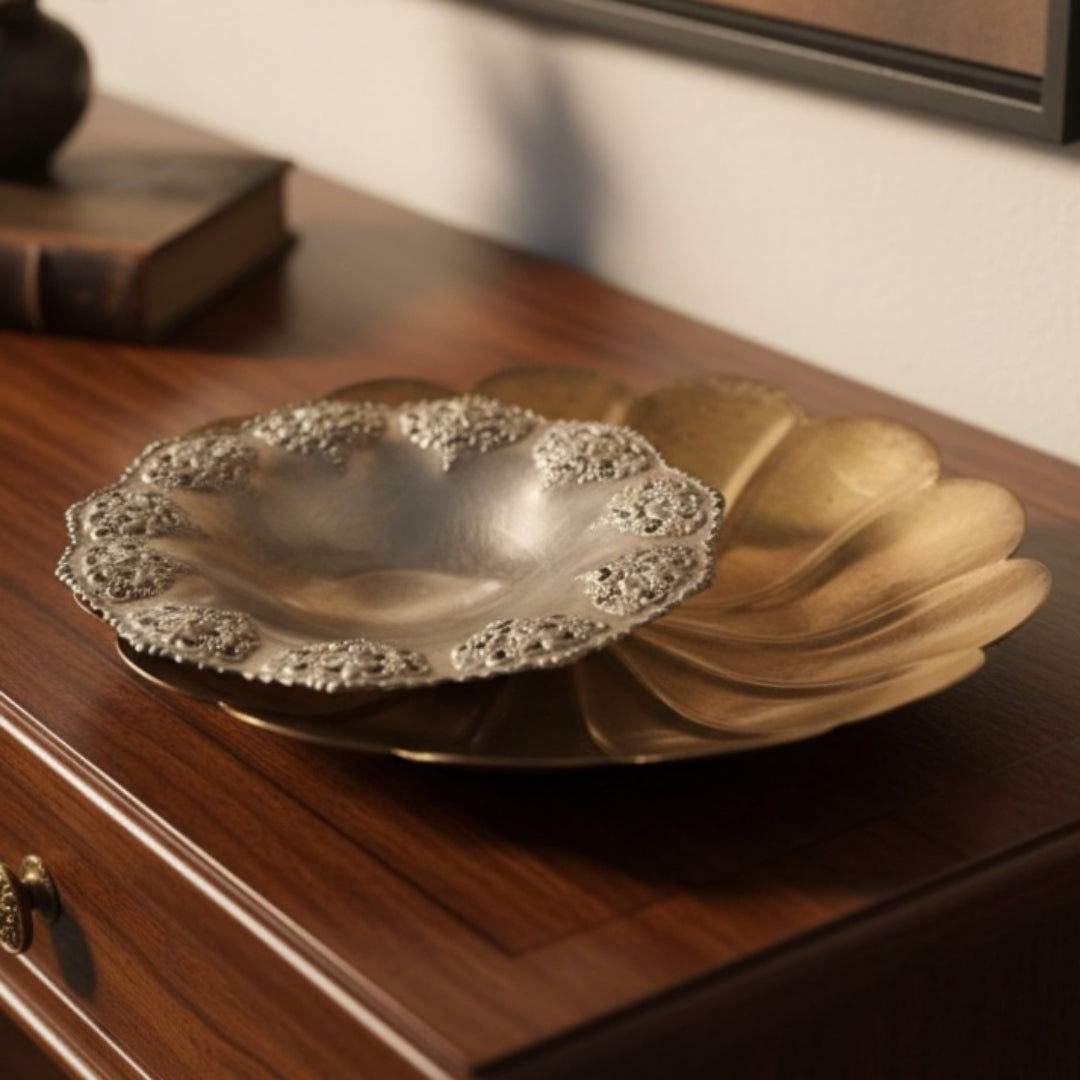 Antique Peetal and German Silver Pierced Decor Bowl Set | Brass and Silver Scallop Serving Bowl Pair | Made in 1977