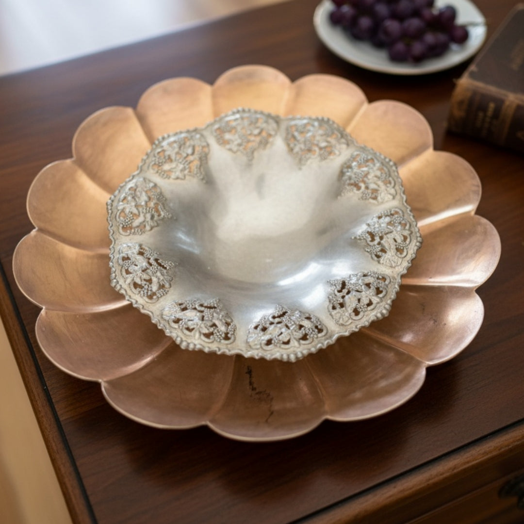 Antique Peetal and German Silver Pierced Decor Bowl Set | Brass and Silver Scallop Serving Bowl Pair | Made in 1977