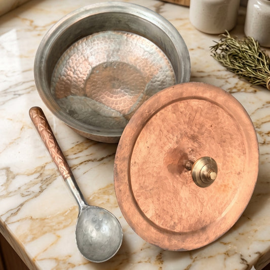 Antique Tamba Deg with Lid and Ladle | Copper Tin Lined Cooking Pot Set | Made in 1966