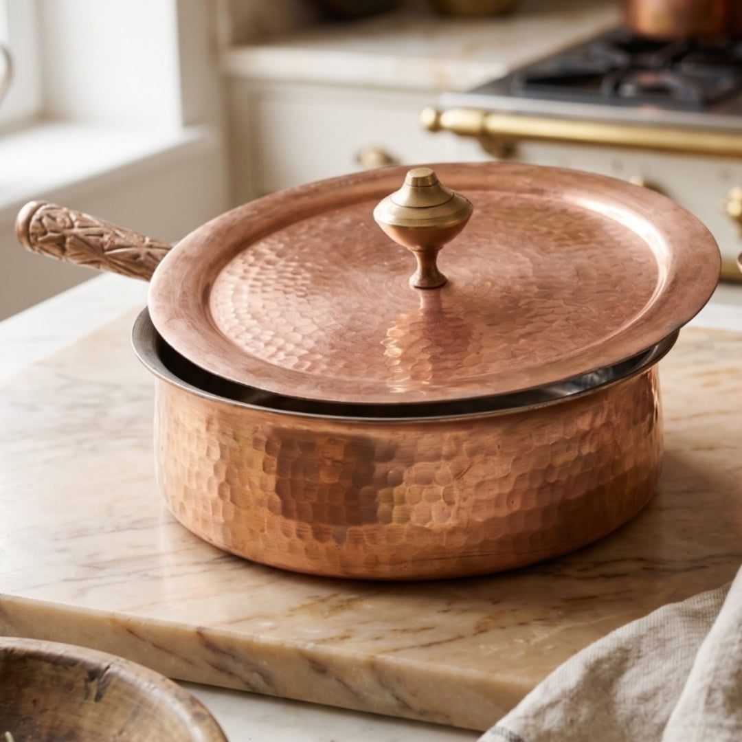 Antique Tamba Deg with Lid and Ladle | Copper Tin Lined Cooking Pot Set | Made in 1966