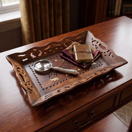 Antique Teakwood Pierced Gallery Tray | Hand Carved Solid Wood Serving Tray with Brass Inlay | Made circa 1965