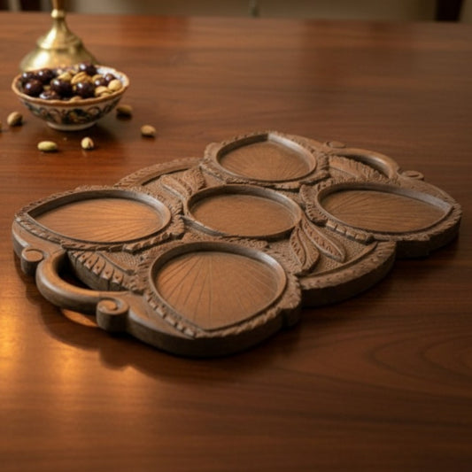 Antique Teakwood Five Section Carved Serving Tray | Hand Carved Solid Wood Compartment Tray | Made circa 1960