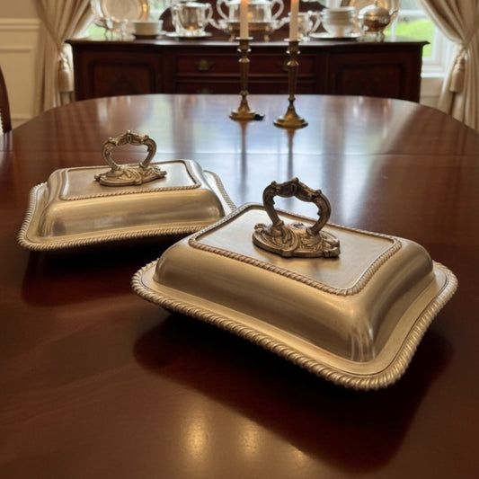 Antique Peetal Silver Coated Royal Serving Dish Set | Brass Silver Oval Serving Dish Pair with Handle | Made in 1970