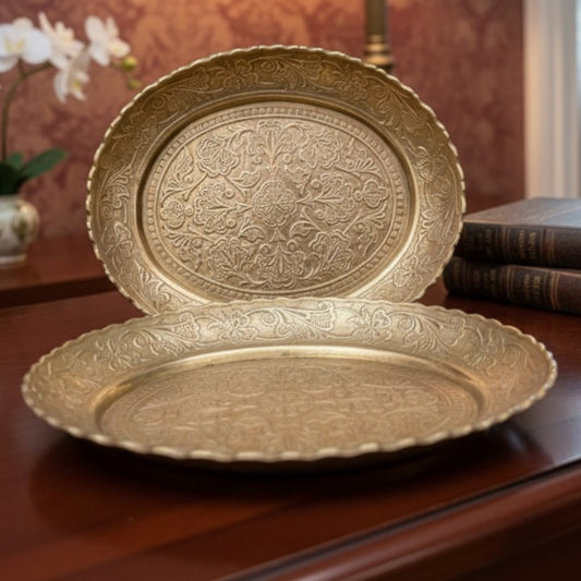 Antique Peetal Engraved Tray Set of 2 | Brass Hand-Engraved Decorative Tray Pair | Made in 1967