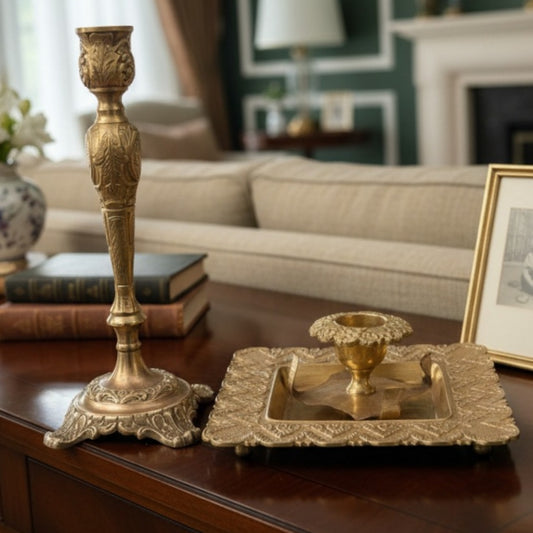 Antique Peetal Engraved Candle Holder Set of 2 | Brass Hand-Engraved Candlestick Pair | Made in 1968