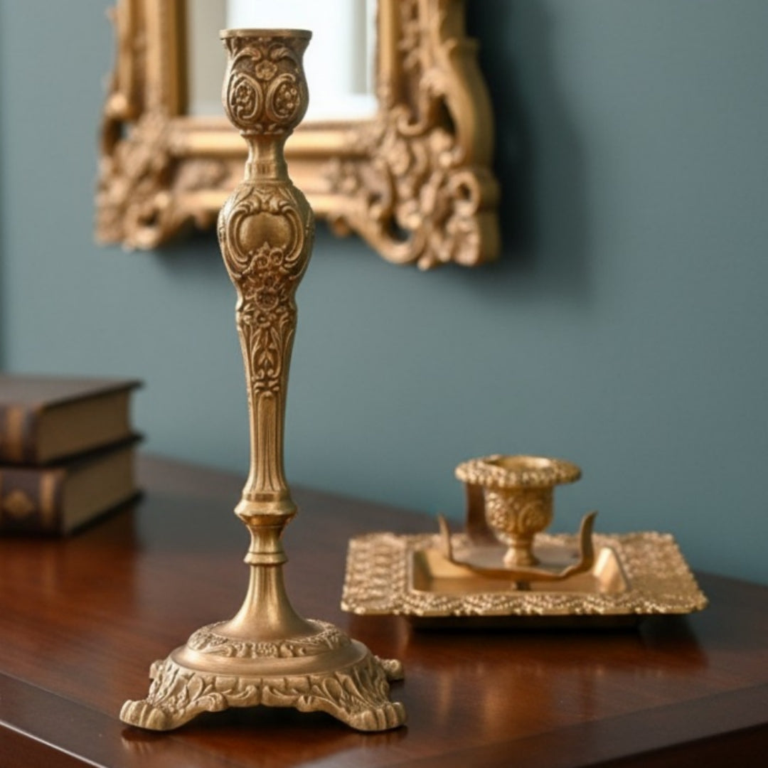Antique Peetal Engraved Candle Holder Set of 2 | Brass Hand-Engraved Candlestick Pair | Made in 1968