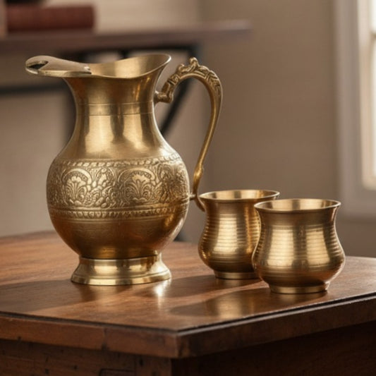 Antique Peetal Engraved Jug with Glass Set of 2 | Brass Hand-Engraved Serving Jug with Tumbler Pair | Made in 1968