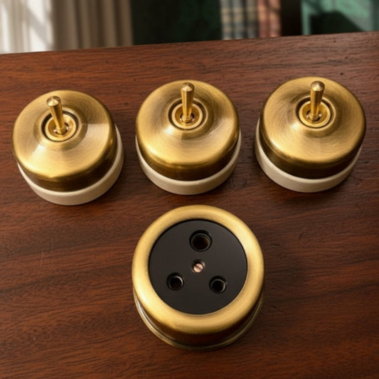 Antique Peetal Switch and Socket Set | Brass Toggle Switch and Socket Set of Four