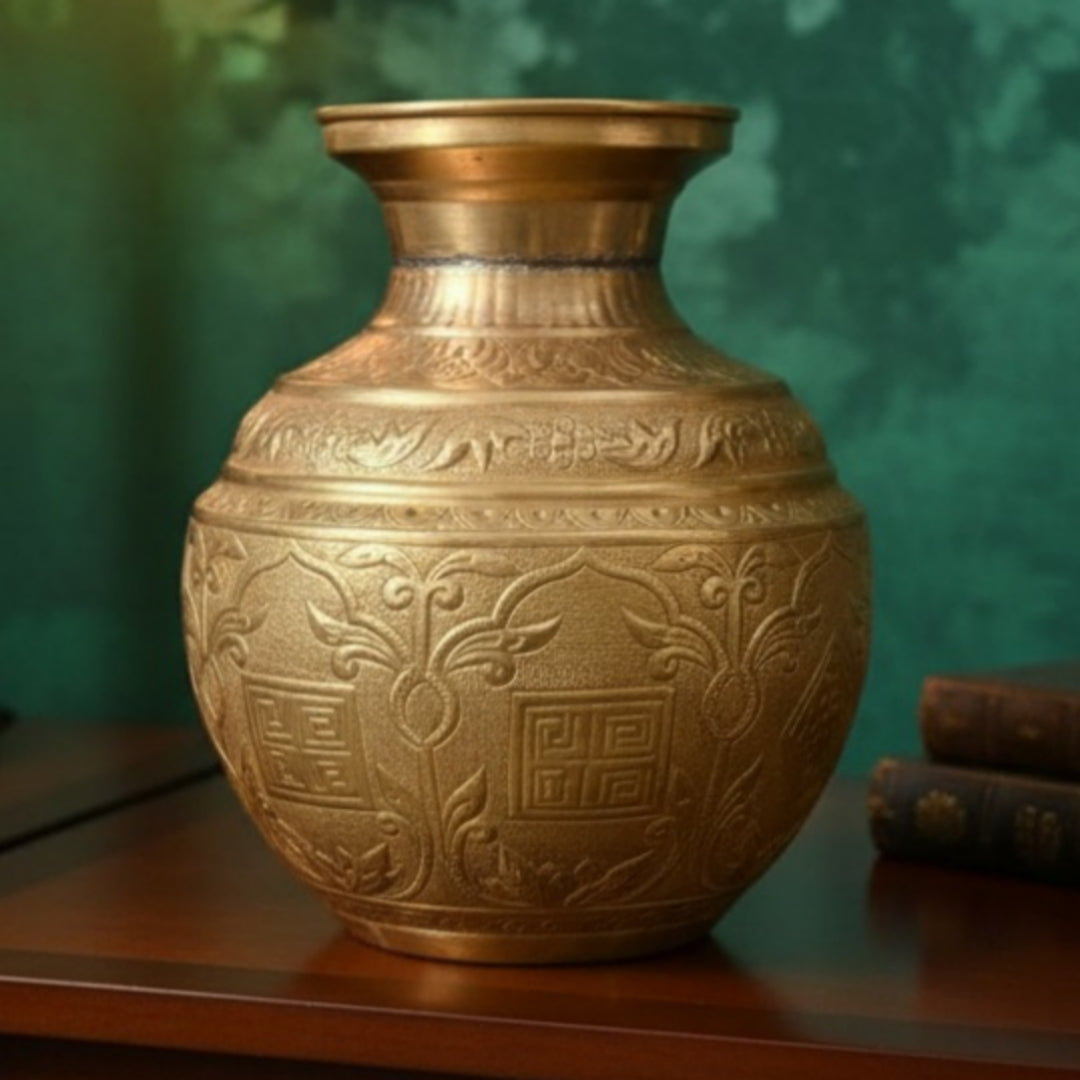 Antique Peetal Engraved Pot | Brass Hand-Engraved Decorative Storage Pot | Made in 1960