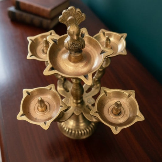 Antique Peetal Peacock Diya Stand | Brass Hand-Cast Five-Flame Diya Candelabra | Made in 1961