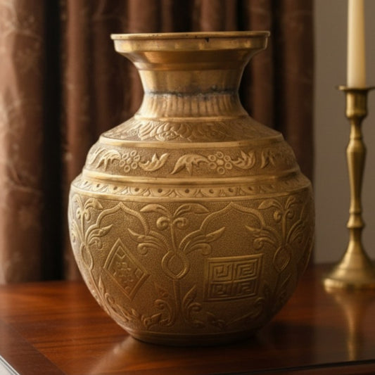 Antique Peetal Engraved Pot | Brass Hand-Engraved Decorative Storage Pot | Made in 1960