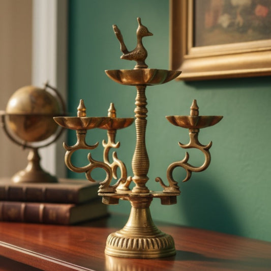 Antique Peetal Peacock Diya Stand | Brass Hand-Cast Five-Flame Diya Candelabra | Made in 1961