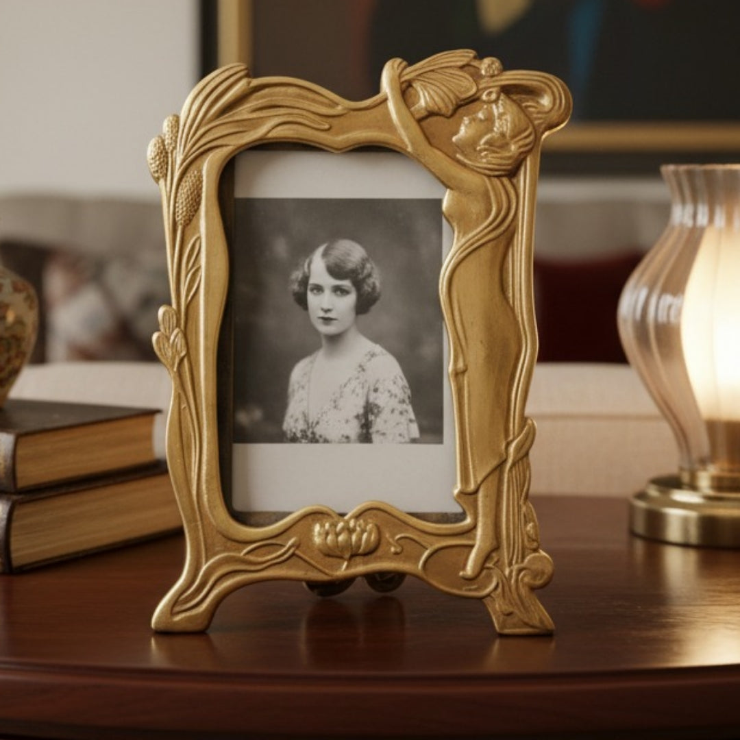 Antique Peetal Art Nouveau Photo Frame | Brass Hand-Cast Figurine Photo Frame | Made in 1970