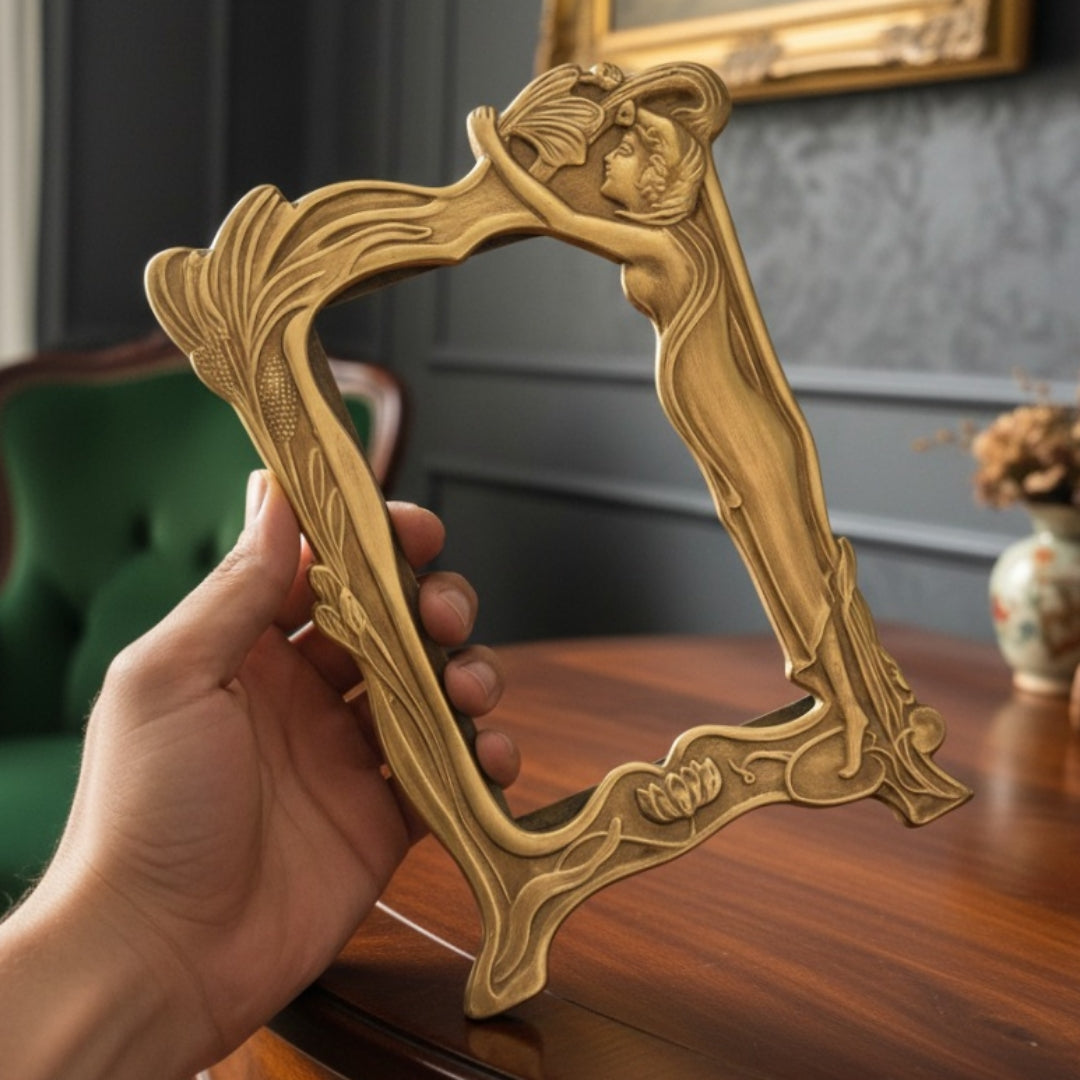 Antique Peetal Art Nouveau Photo Frame | Brass Hand-Cast Figurine Photo Frame | Made in 1970