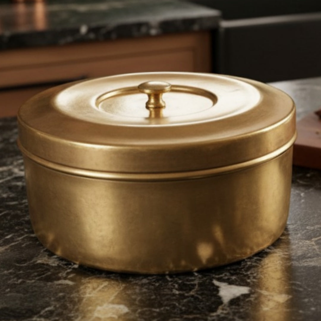 Antique Peetal Chapati Box | Brass Hand-Turned Roti Storage Box with Lid | Made in 1970