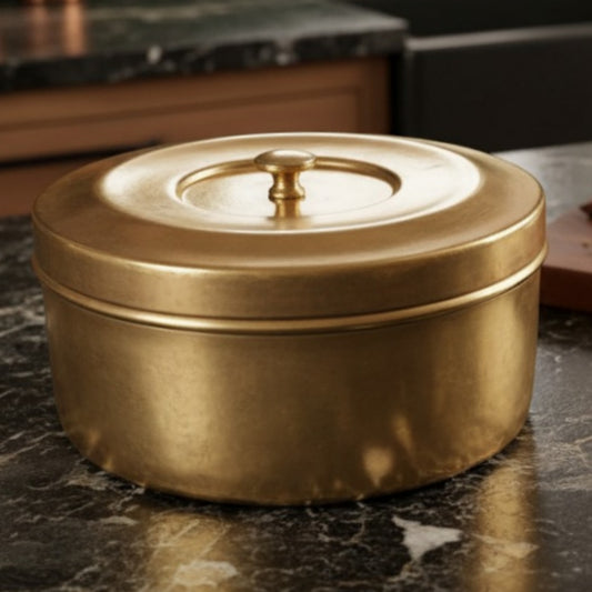 Antique Peetal Chapati Box | Brass Hand-Turned Roti Storage Box with Lid | Made in 1970