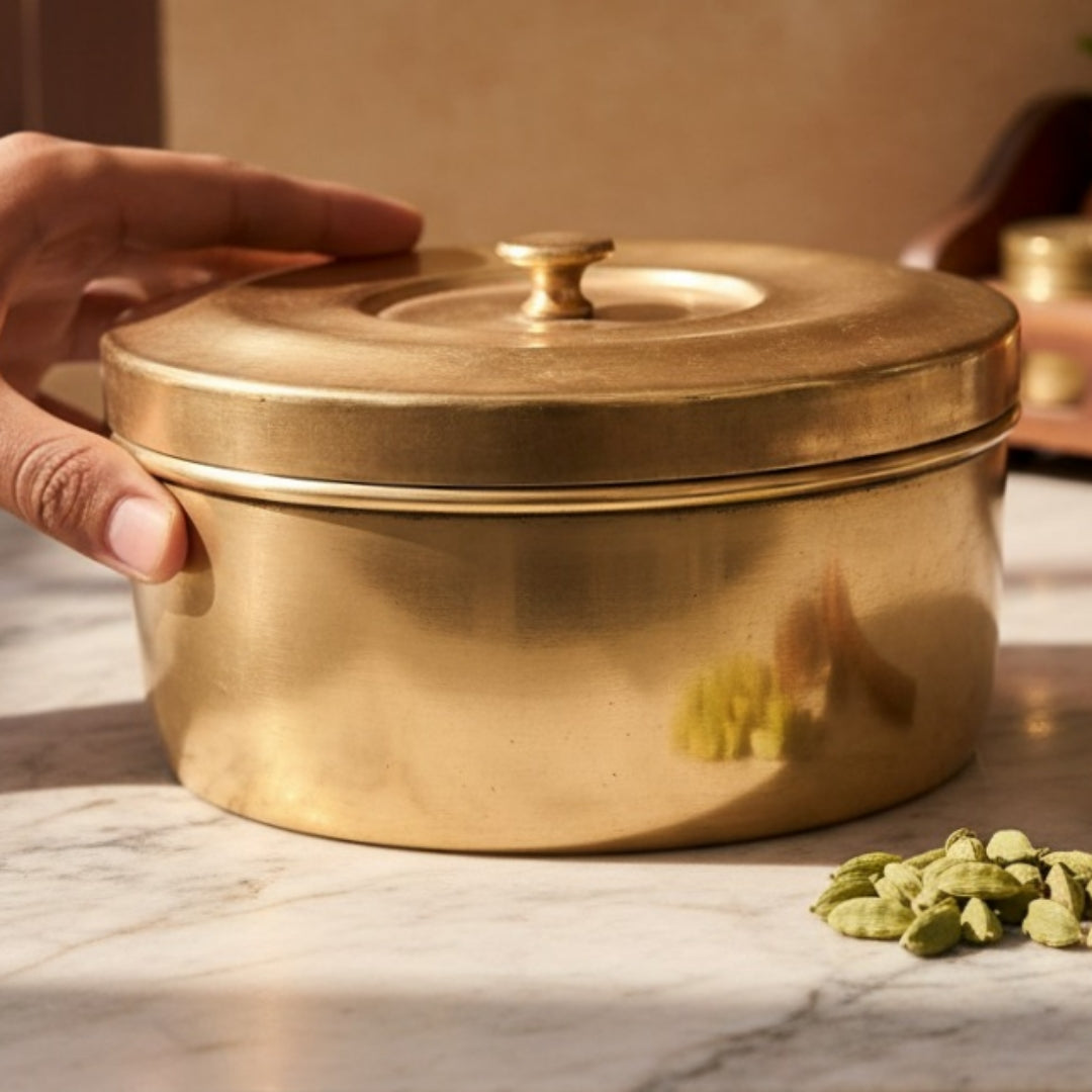 Antique Peetal Chapati Box | Brass Hand-Turned Roti Storage Box with Lid | Made in 1970