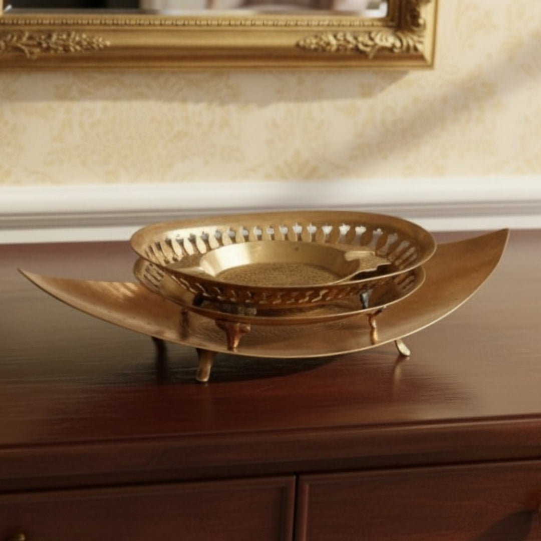 Antique Peetal Engraved Tray Set of 4 | Brass Pierced Footed Bowl and Boat Tray Set | Made in 1975