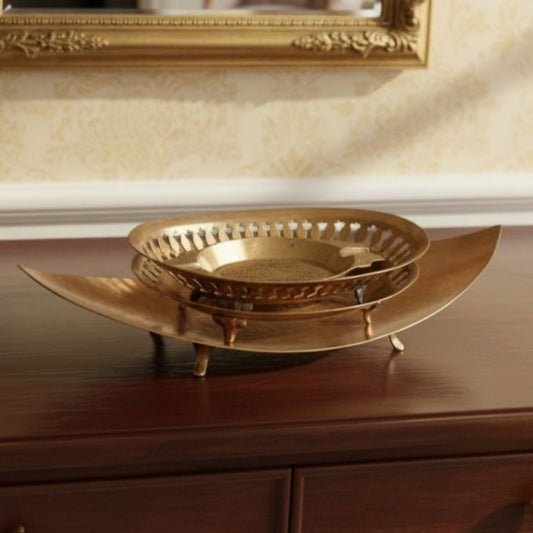 Antique Peetal Engraved Tray Set of 4 | Brass Pierced Footed Bowl and Boat Tray Set | Made in 1975