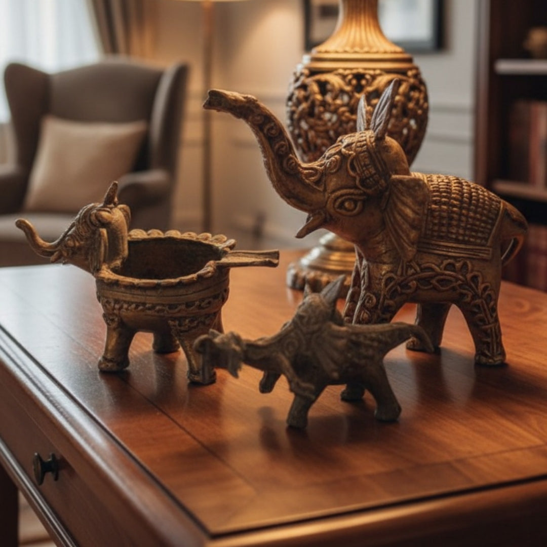 Antique Peetal Tribal Elephant Set of 3 | Brass Rare Decorative Animal Figurines | Made in 1959