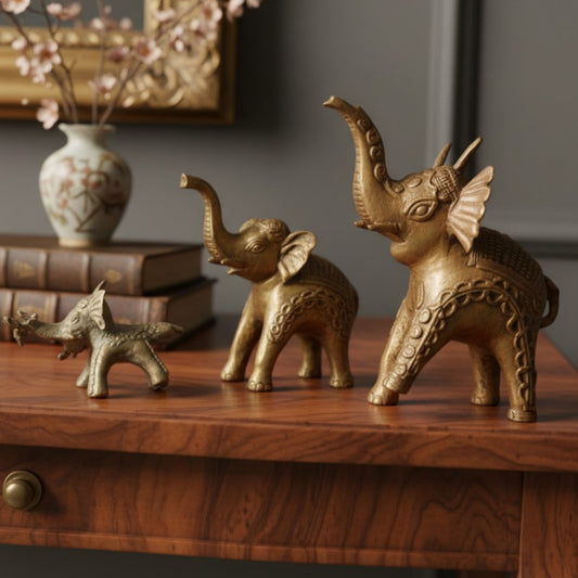 Antique Peetal Tribal Elephant Set of 3 | Brass Rare Decorative Animal Figurines | Made in 1959