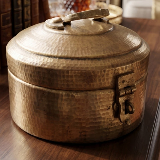 Antique Peetal Thick Gauge Lock Box | Brass Hammered Round Storage Box with Lock | Made in 1961