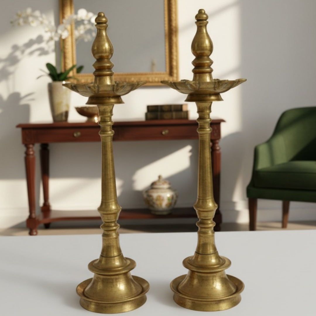 Antique Peetal Kerala Samai Pair | Rare Heavy Tall Brass Standing Oil Lamp Pair | Made in 1959 - Bombay Antiques