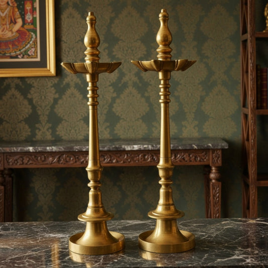Antique Peetal Kerala Samai Pair | Rare Heavy Tall Brass Standing Oil Lamp Pair | Made in 1959 - Bombay Antiques