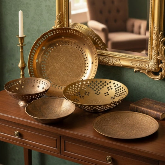 Antique Peetal Décor Bowl Set of 5 | Brass Engraved & Pierced Decorative Bowl Set | Made in 1979 - Bombay Antiques