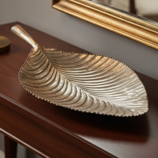 Vintage Peetal Leaf Plate Silver Coated | Brass Silver Coated Leaf Shaped Decorative Plate | 1970 - Bombay Antiques