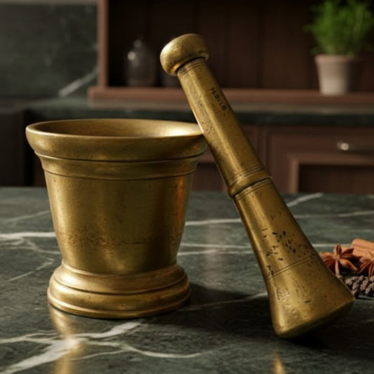 Antique Peetal Khalbatta | Heavy Brass Mortar & Pestle | Made in 1963 - Bombay Antiques