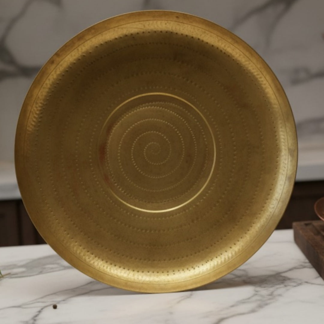 Antique Peetal Jalebi Thal | Brass Engraved Spiral Decorative Plate | Made in 1966 - Bombay Antiques