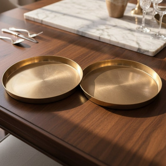 Antique Peetal Thal Pair | Brass Plain Polished Serving Plate Pair | Made in 1979 - Bombay Antiques