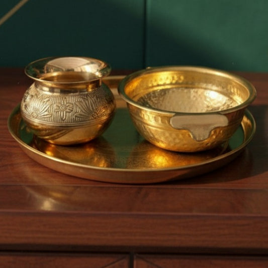 Vintage Peetal Décor Set Urli Engraved Plate & Engraved Kalash | Brass Engraved Urli Plate & Kalash Décor Set | 1970 - Bombay Antiques