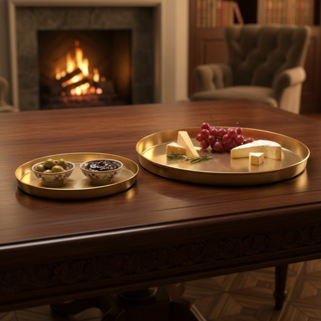 Antique Peetal Thal Pair | Brass Plain Polished Serving Plate Pair | Made in 1979 - Bombay Antiques