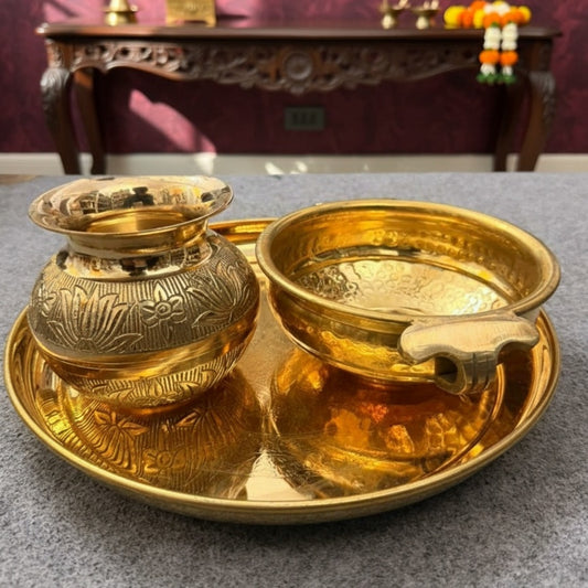 Vintage Peetal Décor Set Urli Engraved Plate & Engraved Kalash | Brass Engraved Urli Plate & Kalash Décor Set | 1970 - Bombay Antiques