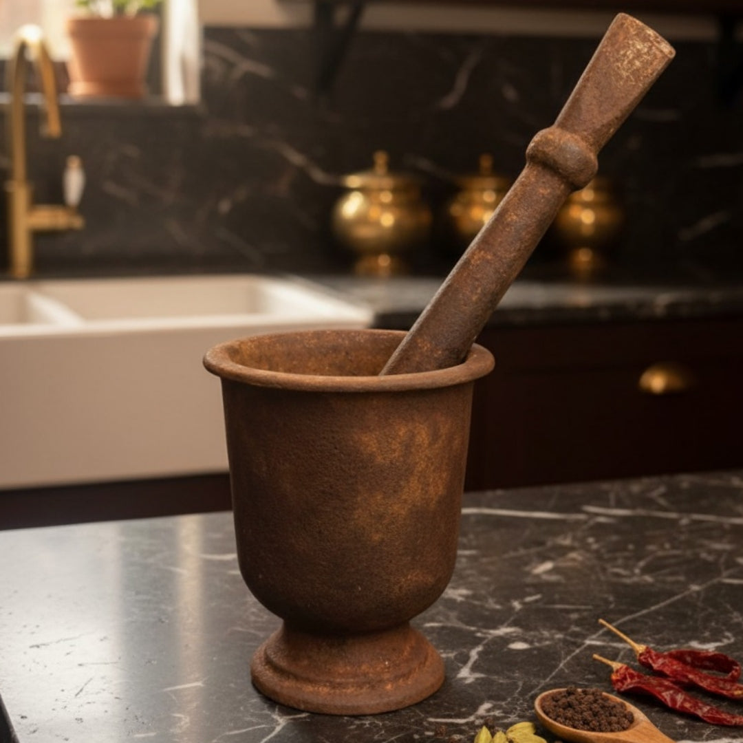 Antique Beed Heavy Khalbatta | 100+ Year Old Cast Iron Mortar & Pestle | Antique - Bombay Antiques