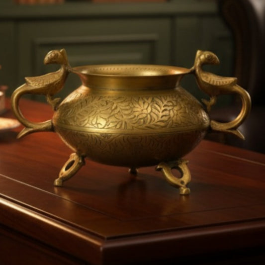 Antique Peetal Engraved Peacock Pot Vase | Brass Engraved Peacock Handle Decorative Pot | Made in 1970