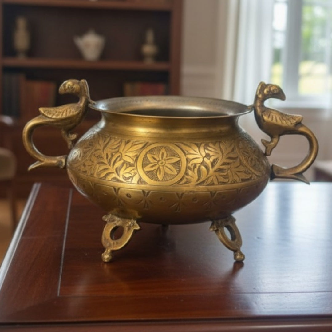 Antique Peetal Engraved Peacock Pot Vase | Brass Engraved Peacock Handle Decorative Pot | Made in 1970 - Bombay Antiques
