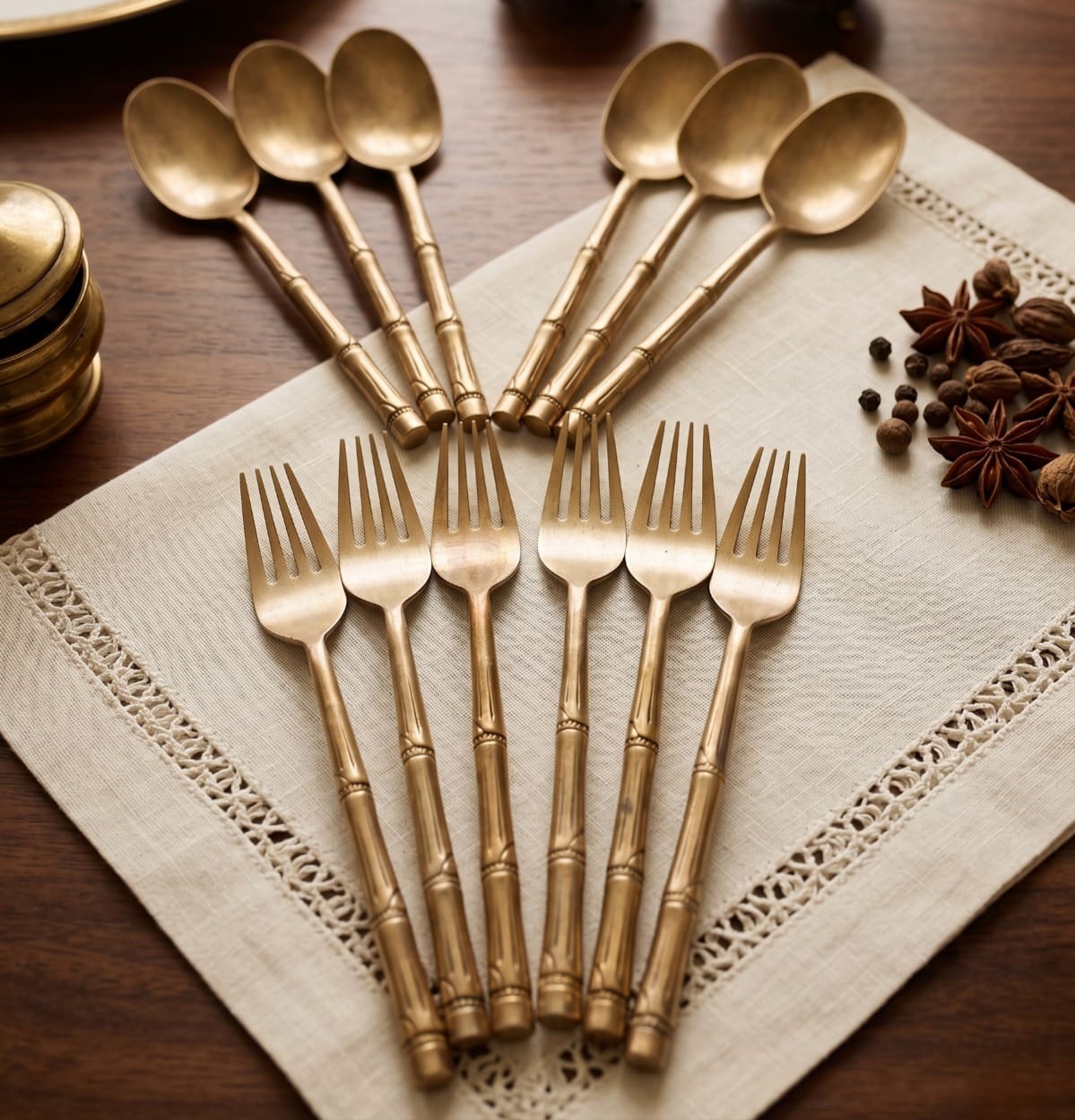 Antique Peetal Bamboo Cutlery Set of 12 | Brass Bamboo Handle Spoon & Fork Cutlery Set | Made in 1975
