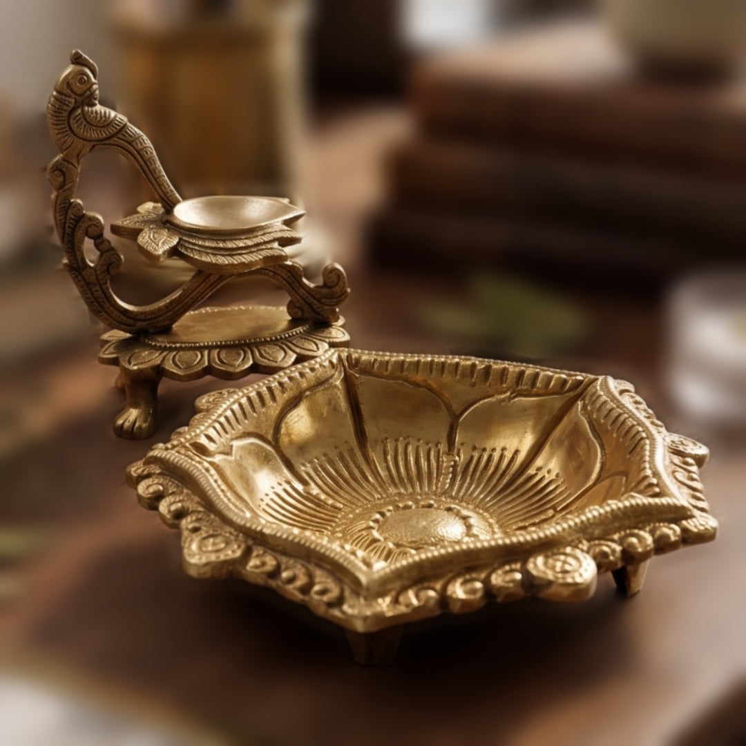 Antique Peetal Engraved Diya Pair | Brass Engraved Peacock Handle & Lotus Diya Pair | Made in 1968