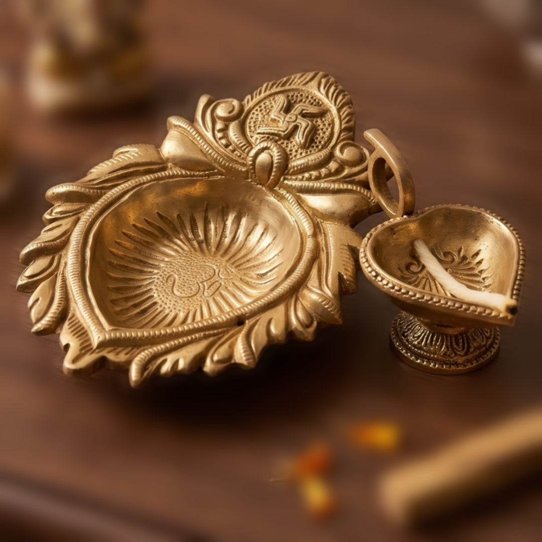 Antique Peetal Engraved Diya Pair | Brass Engraved Decorative Oil Lamp Pair | Made in 1967