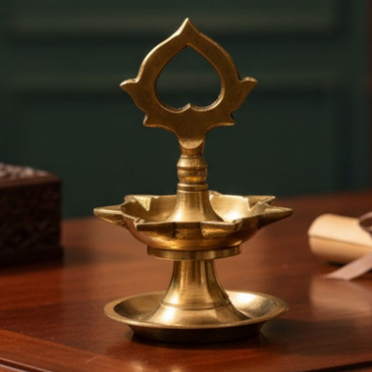 Antique Peetal Samay | Brass Lotus Handle Standing Oil Lamp | Made in 1971