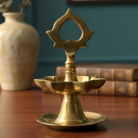 Antique Peetal Samay | Brass Lotus Handle Standing Oil Lamp | Made in 1971