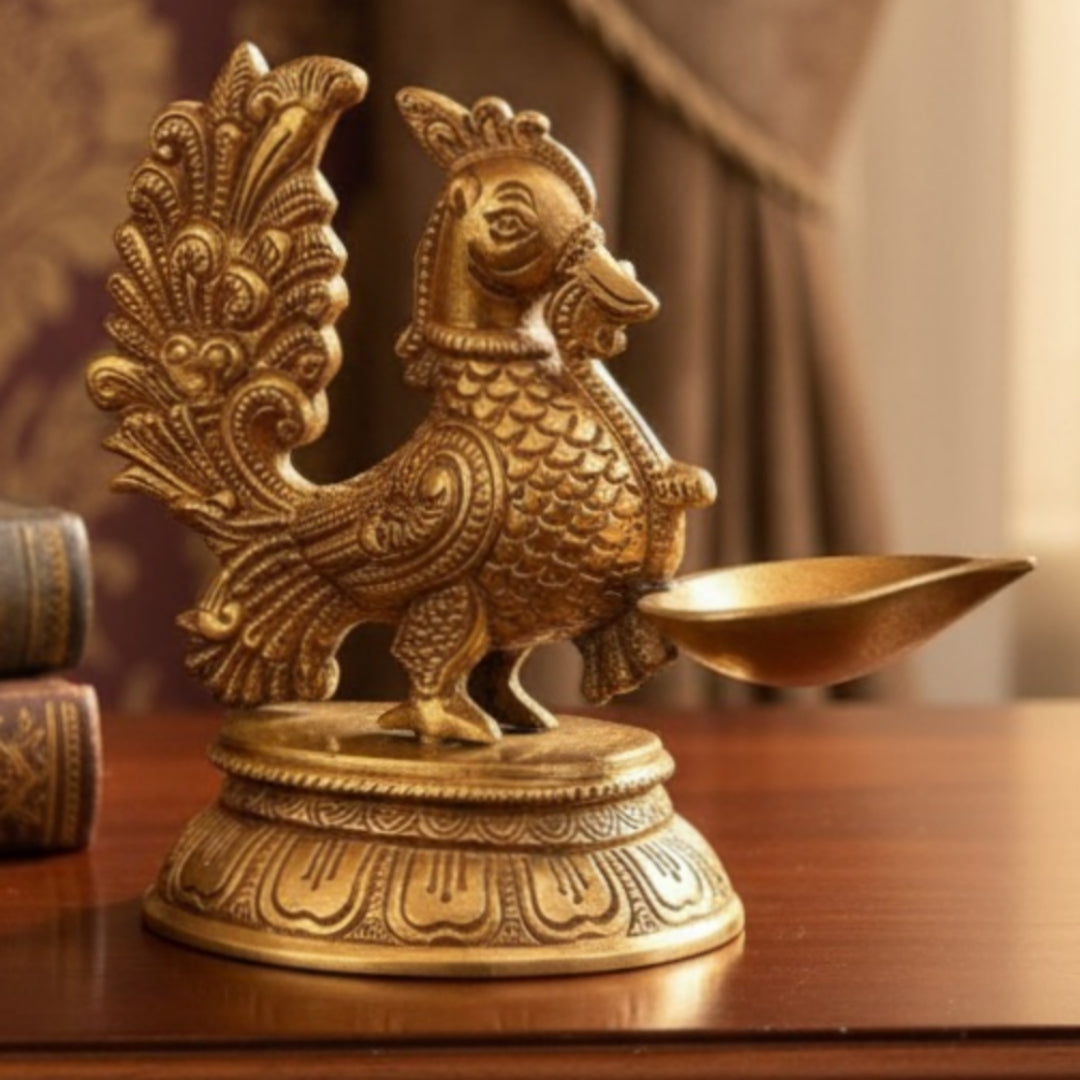 Antique Peetal Engraved Peacock Diya | Brass Sculpted Peacock Figurine Oil Lamp | Made in 1966
